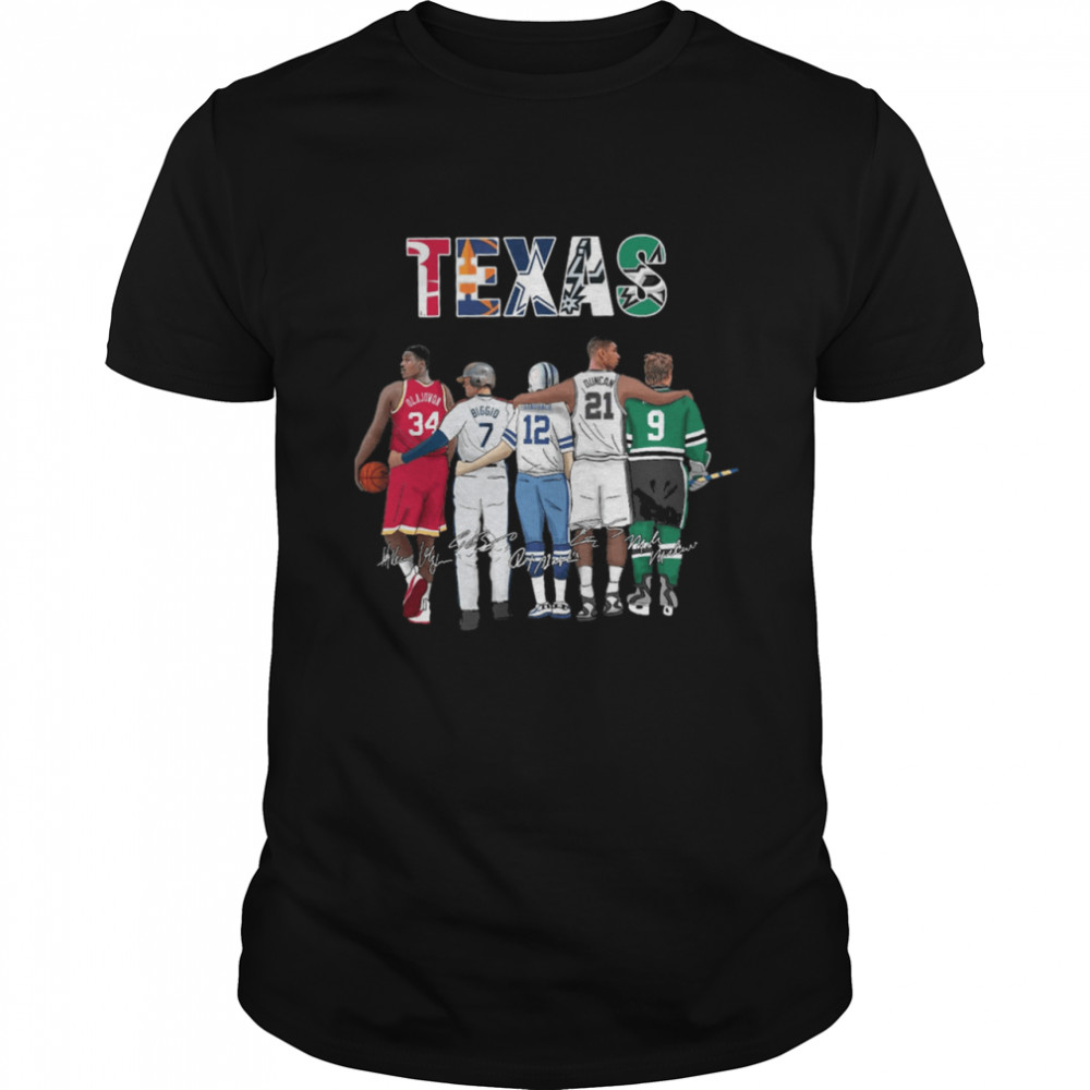 Texas Sport Teams With 34 Olajuwon 7 Biggio 12 Staubach 21 Duncan And 9 Modano Signatures shirt Classic Men's T-shirt
