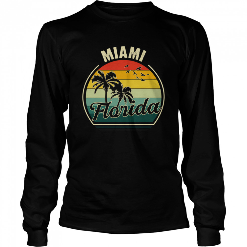 Vintage Miami Beach Florida Summer Vacation Sunset Palm  Long Sleeved T-shirt