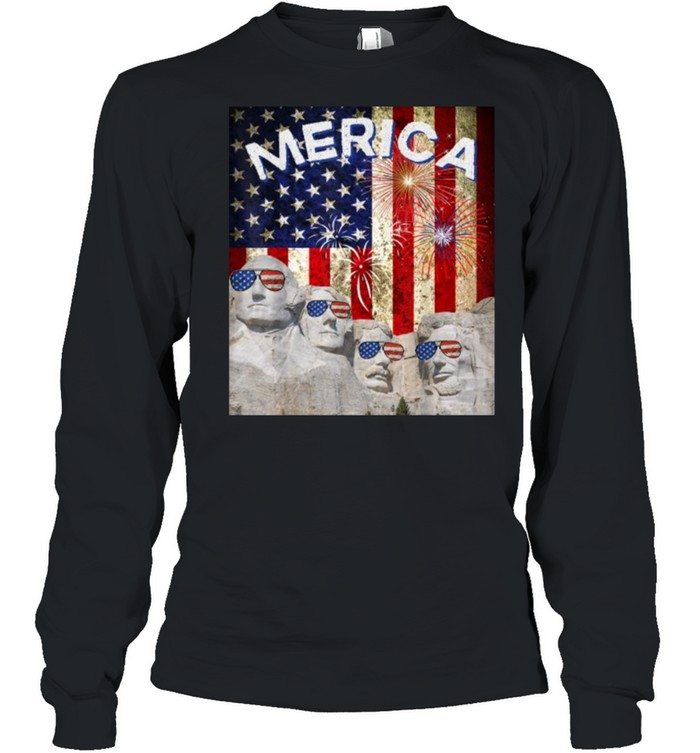 Merica Mount Rushmore American Flag Sunglasses 4th of July T- Long Sleeved T-shirt