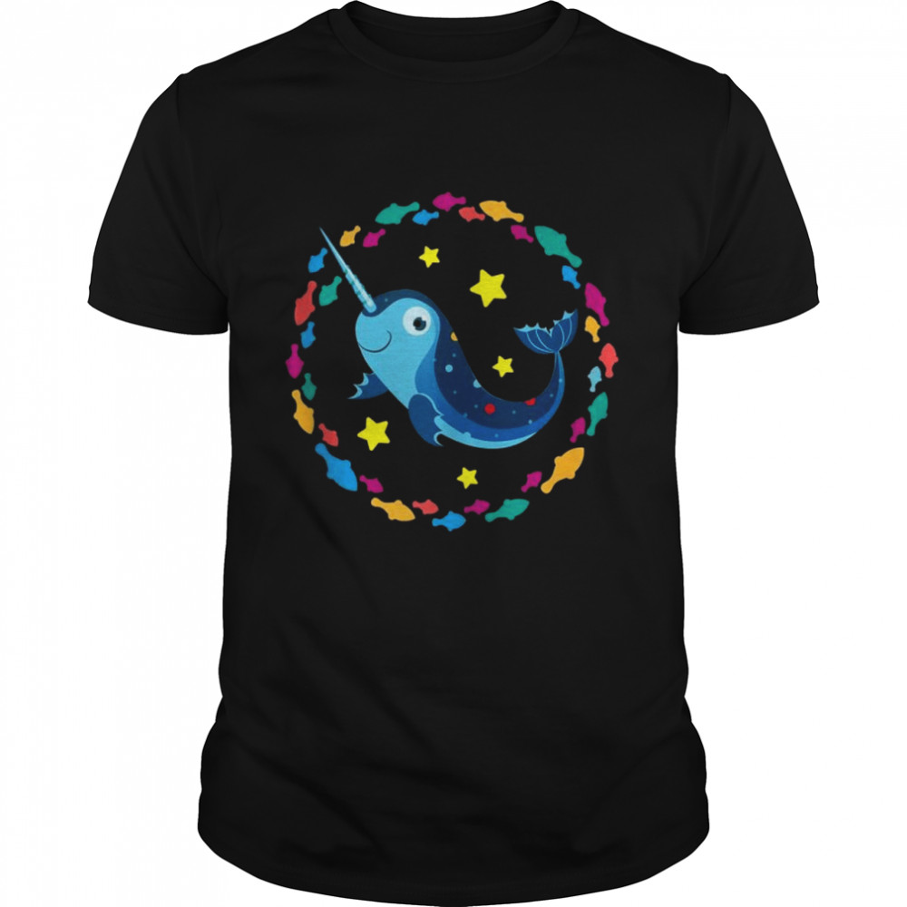 Small happy narwhal surrounded by small fishes  Classic Men's T-shirt