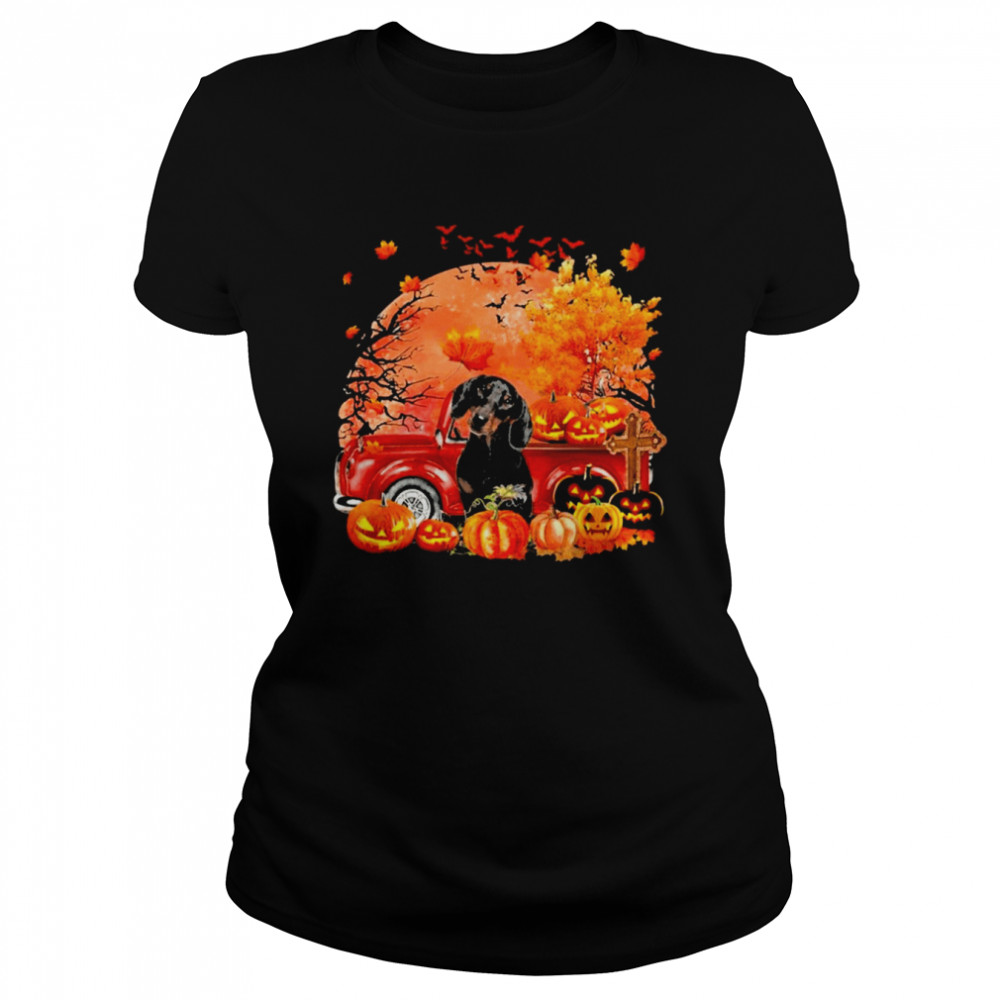 Black Dachshund Dog Hollowed Pumpkin Moon Classic Women's T-shirt